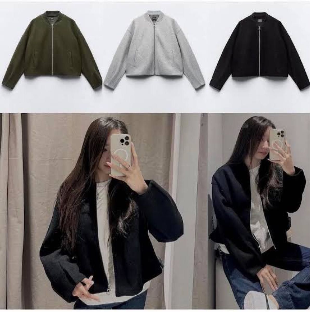 新品】ZARA ストッパー付きソフトボンバージャケット S グレー 新品】ZARA ストッパー付きソフトボンバージャケット S グレー
