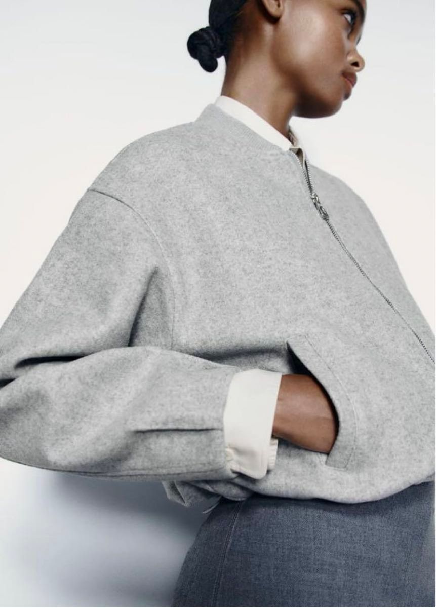 新品】ZARA ストッパー付きソフトボンバージャケット S グレー 新品】ZARA ストッパー付きソフトボンバージャケット S グレー