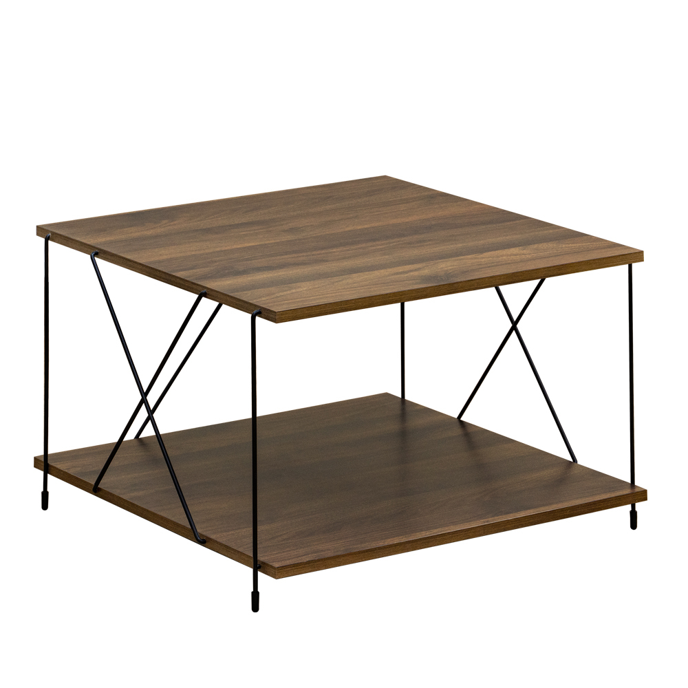 コーヒーテーブル サイドテーブル 棚付 60cm幅 正方形 木製 センターテーブル 木目柄 スチール脚 PLY-01 ウォールナット(WAL)_画像1