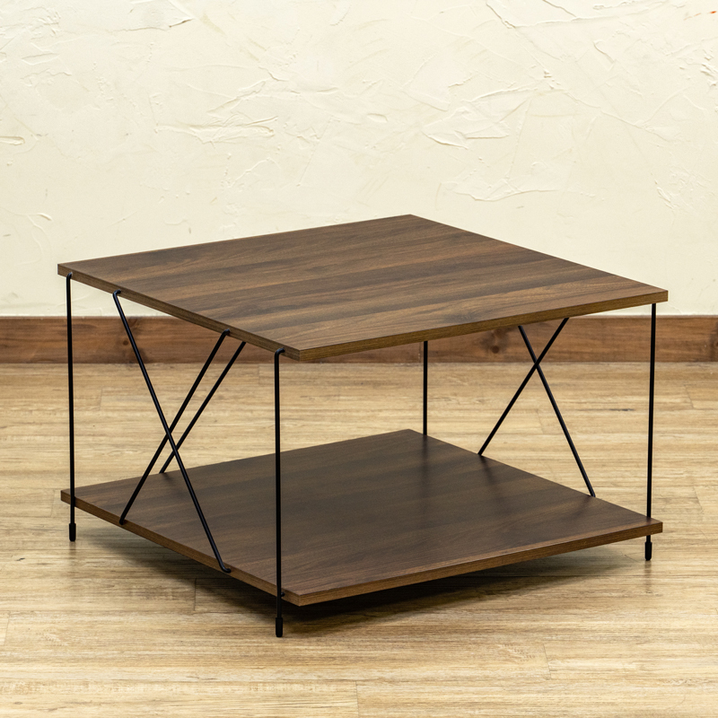 コーヒーテーブル サイドテーブル 棚付 60cm幅 正方形 木製 センターテーブル 木目柄 スチール脚 PLY-01 ウォールナット(WAL)_画像5