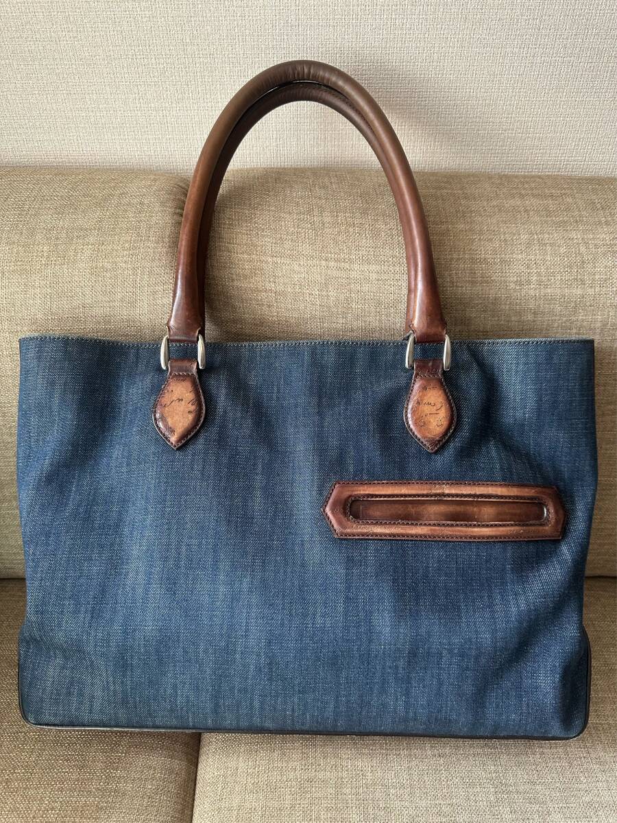 日本限定モデル Berluti Toujours Scritto Leather Denim Tote Bag ベルルッティ トゥジュール トートバッグ 岡山児島デニム _画像1