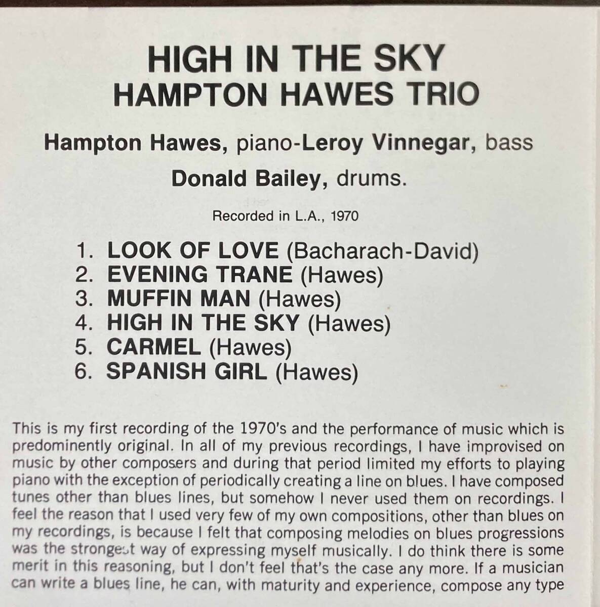 Hampton Hawes Trio / High in the Sky 中古CD　輸入盤_画像5