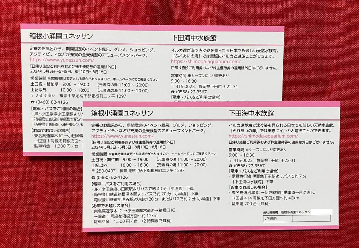 【AW】最新　藤田観光　株主優待券　施設利用券（箱根小涌園ユネッサン、下田海中水族館）2枚（1枚で2名様まで入場無料）速達対応可能_画像2