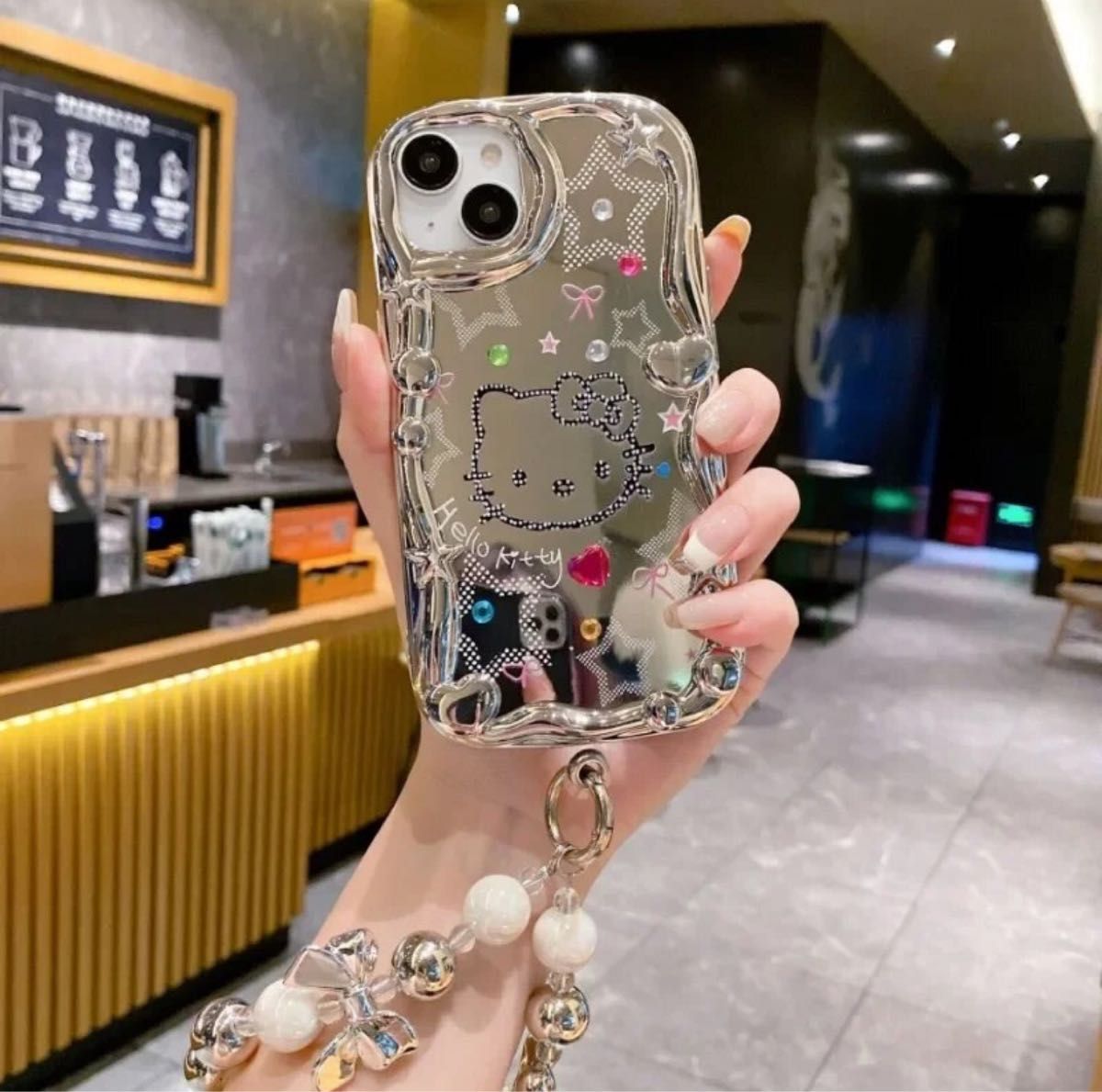 キティちゃん ミラー風 シルバー ラインストーン付き iPhone キティちゃん ミラー風 シルバー ラインストーン付き iPhone