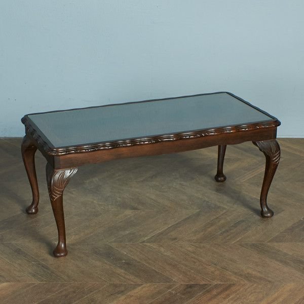 [78230]英国 クラシック ガラストップ センターテーブル 猫脚 ウォールナット カブリオール コーヒーテーブル ローテーブル イギリス
