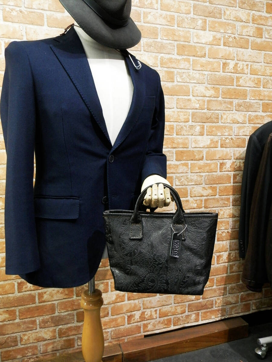 ☆XSサイズ☆ちょい悪ブラックペイズリーのミニトートバッグ!日本製　姫路レザー黒ハンドメイド本革_男性女性問わずお使いいただけます