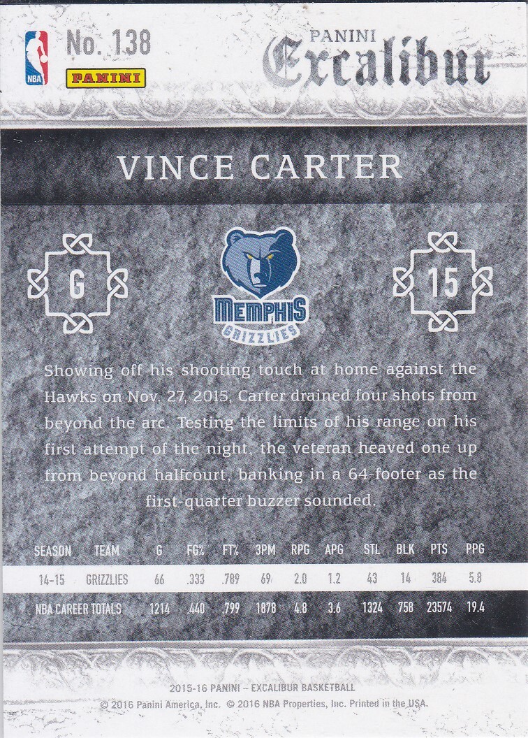 ★Vince　Carter　15-16Excalibur　Silver　70枚限定_画像2