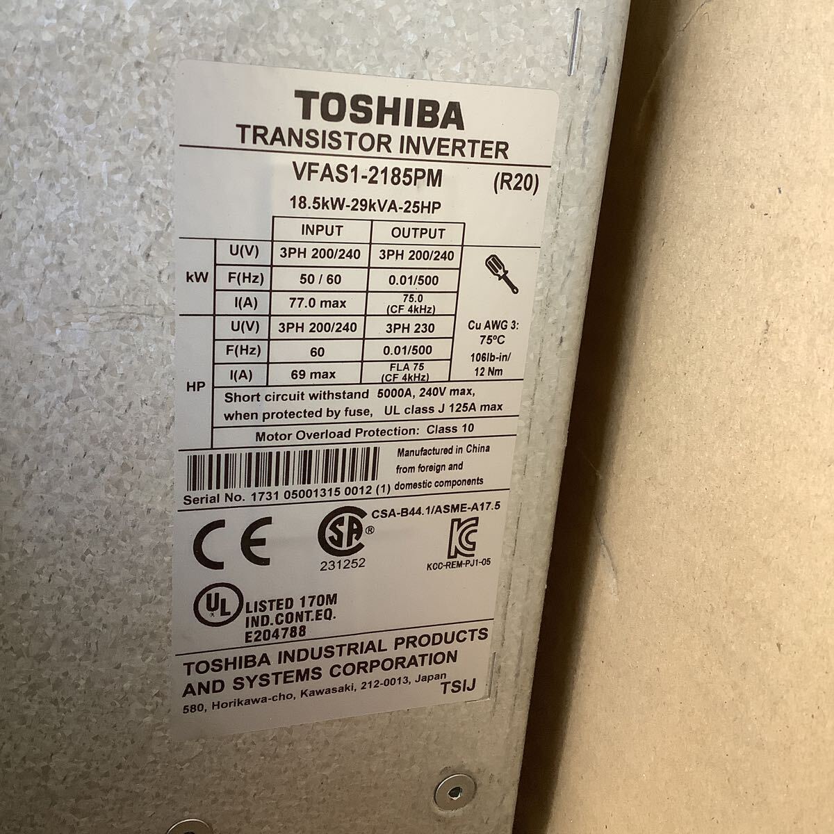 17000円 東芝インバーター18、5kw (モデルVFAS1-2185PM中古品 17000円 東芝インバーター18、5kw (モデルVFAS1-2185PM中古品