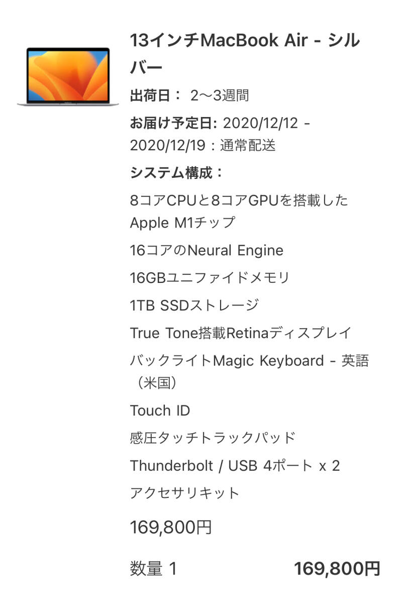 【US配列】MacBook Air M1 2020 16GB 1TB AC未使用 元箱 画面フィルム＋キーボード/トラックパッド/アームレストカバー+シェルケースで使用_画像8