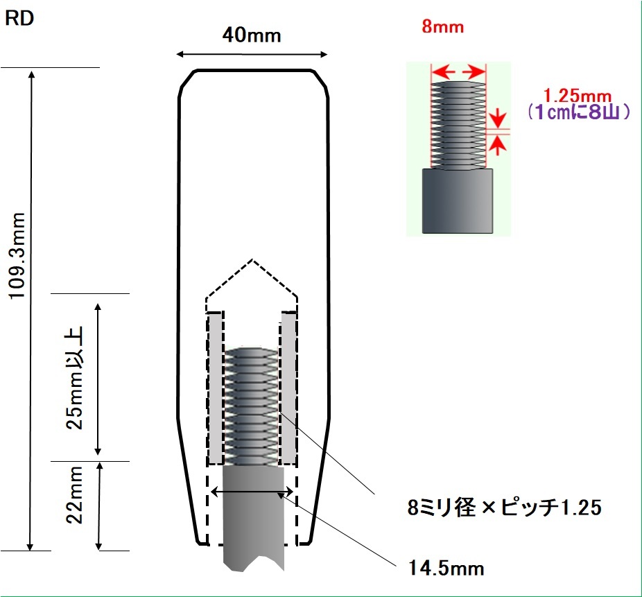 木製シフトノブ(材質：-ウォールナット集成材）8x1.25mm（RD-40D109.3L)_サイズをよく確認して下さい。