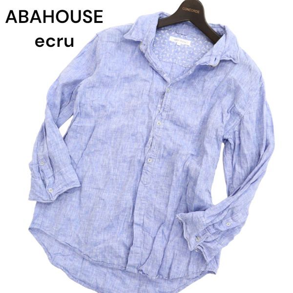 ABAHOUSE ecru アバハウス エクリュ 春夏 【麻 リネン100％】 襟袖ワイヤー★ 7分袖 シャツ Sz.3　メンズ 青系　C4T01584_2#A_画像1