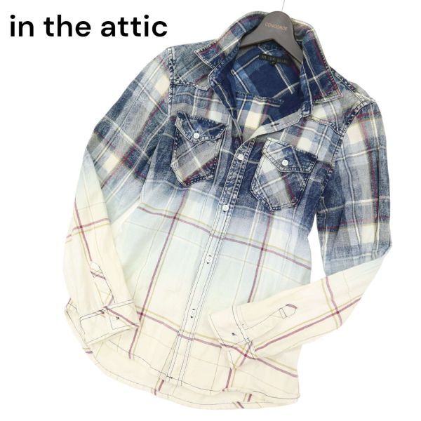 in the attic インジアティック 通年 グラデーション★ インディゴ 長袖 ウエスタン チェック シャツ Sz.M　メンズ　C4T01613_2#C_画像1