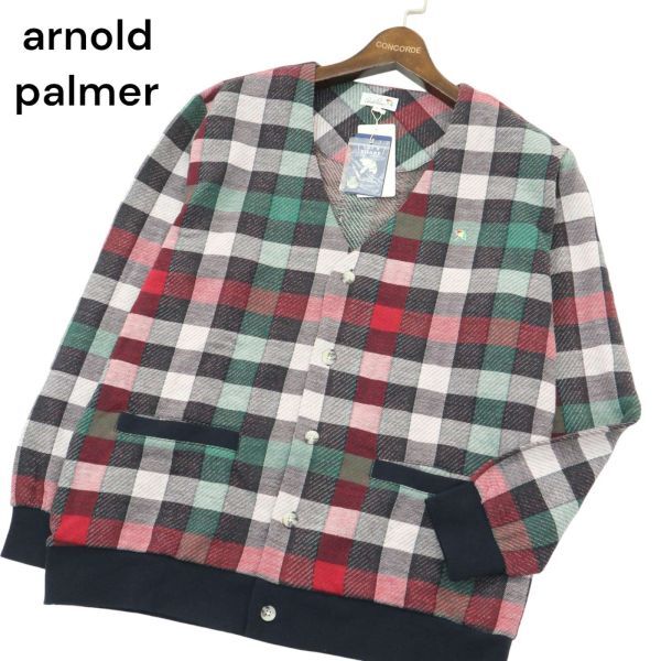 【新品 未使用】 arnold palmer アーノルドパーマー 通年 ロゴ刺繍★ ブロックチェック カーディガン Sz.M　メンズ　C4T01410_2#F_画像1