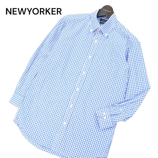 NEWYORKER ニューヨーカー 春夏 ピュアコットン★ 長袖 ボタンダウン ギンガムチェック シャツ Sz.M　メンズ 青系　C4T01683_2#A_画像1