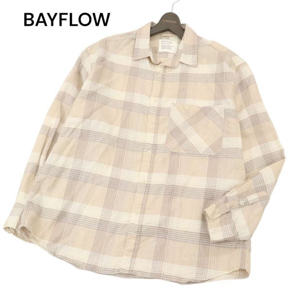 美品 22SS★ BAYFLOW ベイフロー 春夏 麻 リネン オーバーサイズ 長袖 チェック シャツ Sz.4 メンズ ビッグシルエット C4T02161_3#Aの画像1