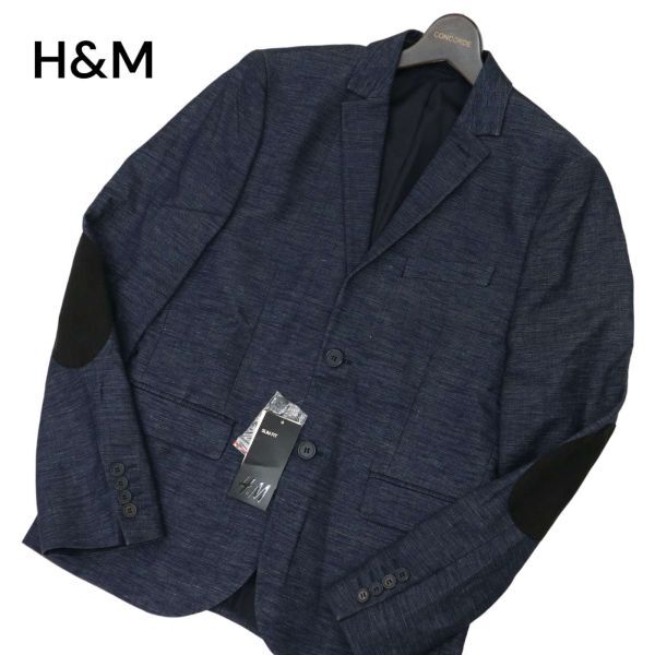 【新品 未使用】 H&M エイチ＆エム 通年 総裏 SLIM FIT エルボーパッチ アンコン テーラード ジャケット Sz.46　メンズ 紺　C4T02306_3#O_画像1