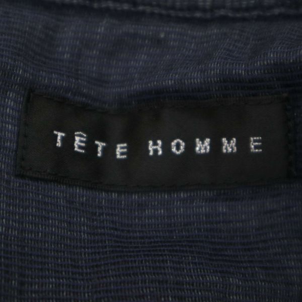 TETE HOMME テットオム 春夏 麻 リネン★ イタリアンカラー 7分袖 スリム シャツ Sz.4　メンズ ネイビー　C4T02527_3#A_画像5