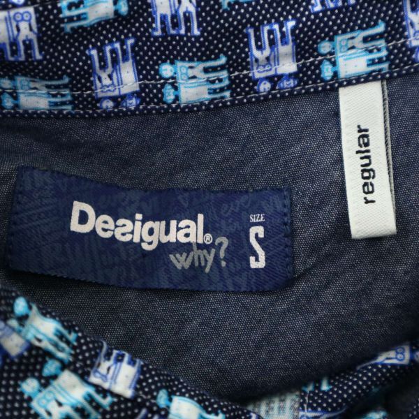 Desigual デシグアル 通年 ロゴ刺★ 人体 総柄 インド綿 長袖 シャツ Sz.S　メンズ ネイビー　C4T02593_3#C_画像6