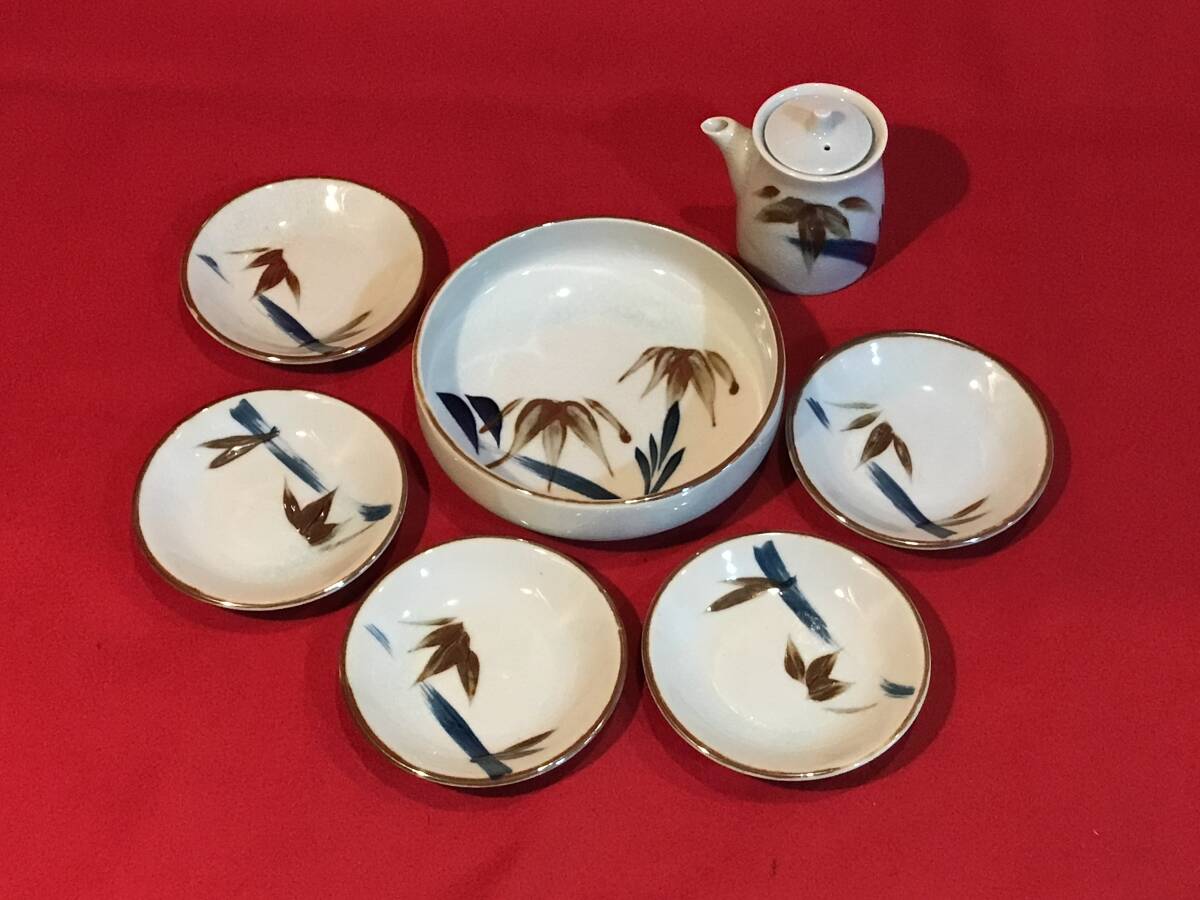 A7380* Showa Retro Japanese-style tableware set hand .... map pattern peak pot φ16×4.5/ small plate 5 sheets φ11.2/ soy sauce difference .φ6.7×8.5×h8.5. unused long-term keeping goods 