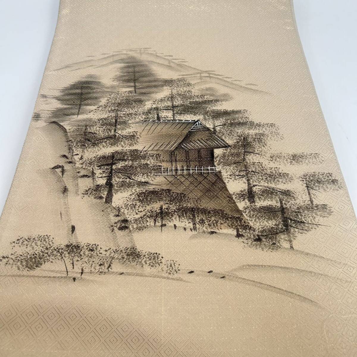 ■呉服屋 禅■ 美品 綴れ織 金糸 手描き ぼかし 風景画 菱形 袋帯 全通 和装 和服 着物 正絹 #KUR172の画像2