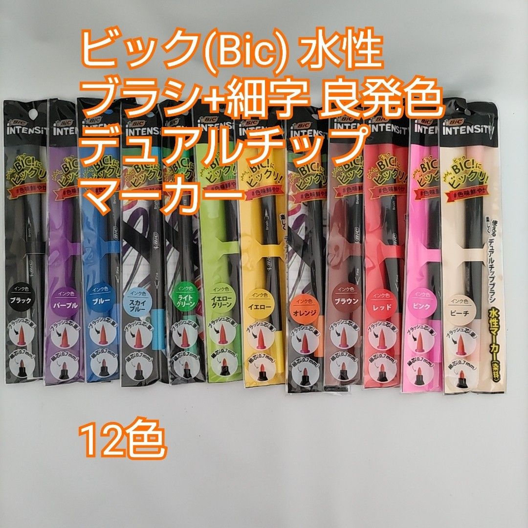 ビック(Bic) 水性 ペン 筆ペン 塗り絵 カラー セット Intensity デュアルチップ マーカー 12色セット④