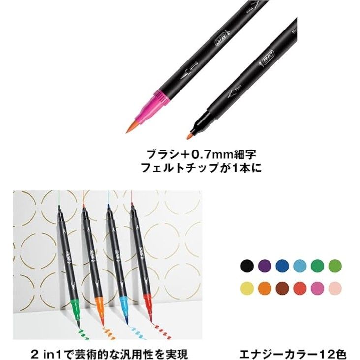 ビック(Bic) 水性 ペン 筆ペン 塗り絵 カラー セット Intensity デュアルチップ マーカー 12色セット⑤