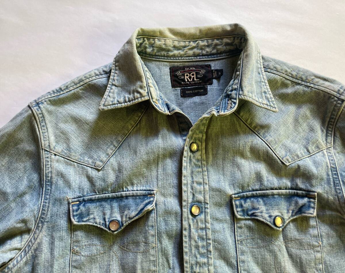 名作.RRL デニム ウエスタンシャツ Sサイズ USED加工 vintage ビンテージ ジョニーデップ スタッズ denim シャンブレー アメカジ _画像4