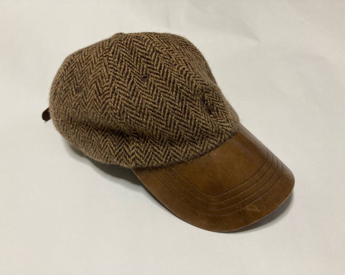 激レア. Polo Ralph Lauren Herringbone Tweed Leather Cap ヘリンボーン 90 ツイード レザー ツバ キャップ ビンテージ 帽子 ブラウン RRL_画像2