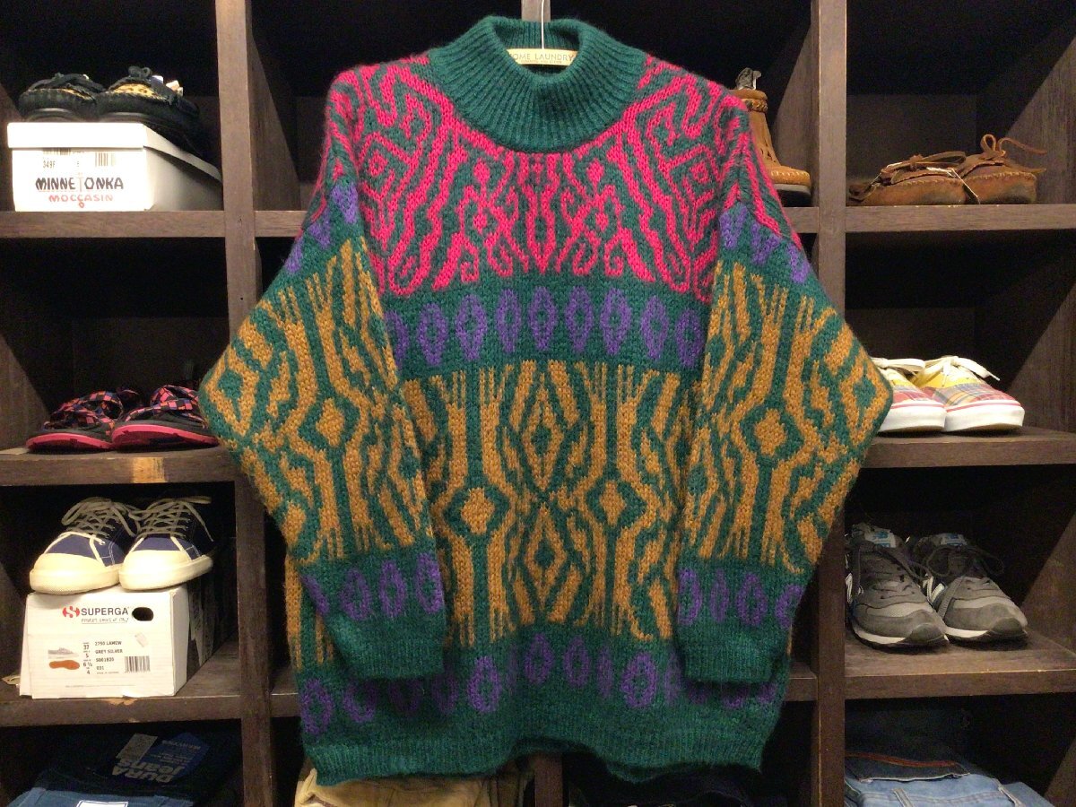 90’S BENETTON MOHAIR MOCK NECK SWEATER SIZE L? ベネトン モヘア モック ネック セーター ビンテージ 総柄 イタリア製_画像1