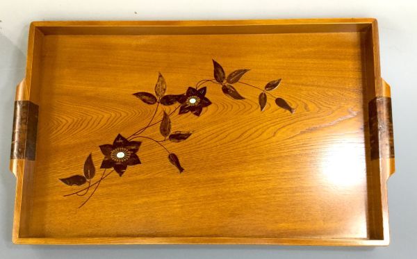 【工芸品】「桜皮貝入鉄仙　盆」天然木　 WOOD CRAFT ウッドクラフト　桜皮 細工 伝統　合成漆器 ウレタン塗装　y18274500 　　_画像1