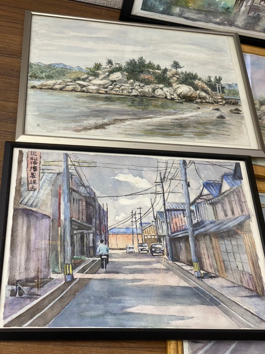 【真作】水彩画　作者不明　７枚セット　検:絵画　風景画　街並み　田舎風景　工場　海岸　訳あり品　インテリア　_画像3