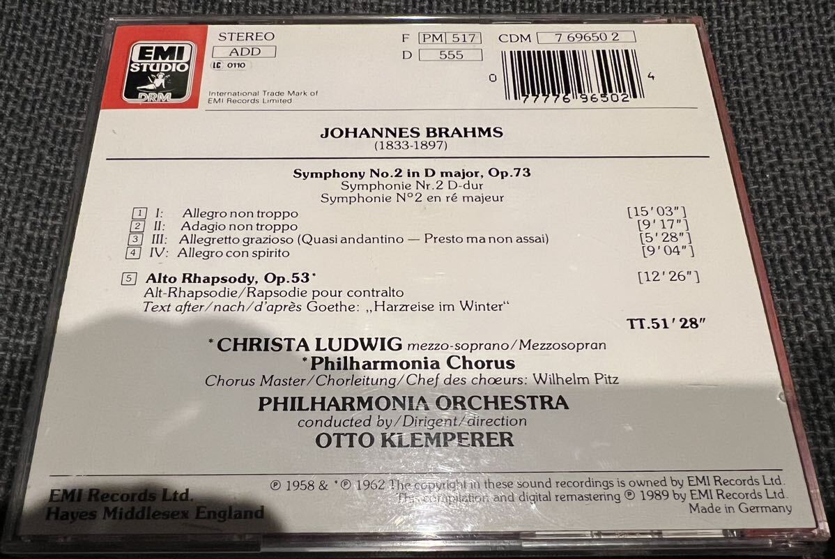 【送料無料】クレンペラー/フィルハーモニア管弦楽団 ブラームス 交響曲第2番、アルトラプソディ EMI レーベル 輸入盤CD 中古品の画像2