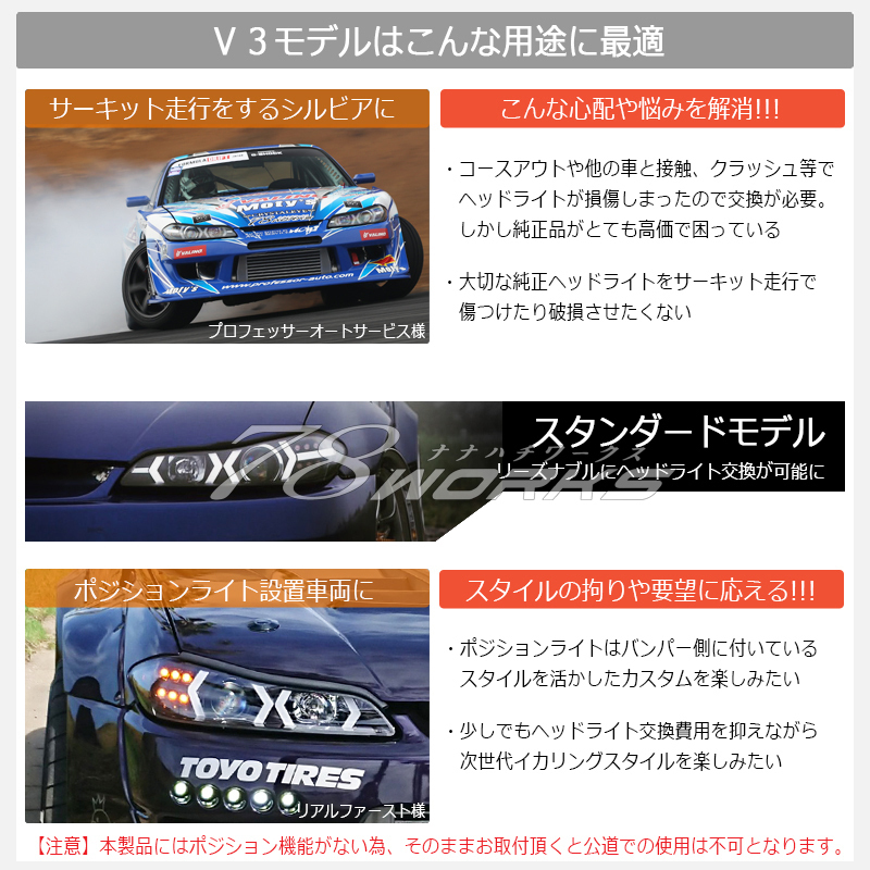 在庫あり S15 シルビア ヘッドライト ブラック LED 純正と交換 レンズリペアに 右側 左側 セット ハロゲン HID キセノン 対応 78WORKS_画像5