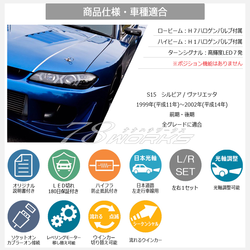 在庫あり S15 シルビア ヘッドライト ブラック LED 純正と交換 レンズリペアに 右側 左側 セット ハロゲン HID キセノン 対応 78WORKS_画像7