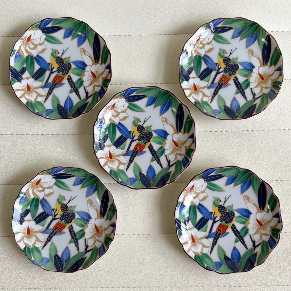 第一陶器　花鳥図　小皿揃　５枚セット　豆皿　色絵　和食器　八角皿　九谷手 古伊万里