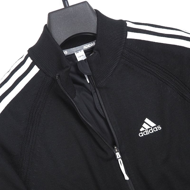 R204 新品 定価1.7万 アディダス ゴルフ 裏地付き ニットジャケット ブルゾン (サイズ:M) adidas GOLF スリーストライプス ゴルフウェア 黒_画像4