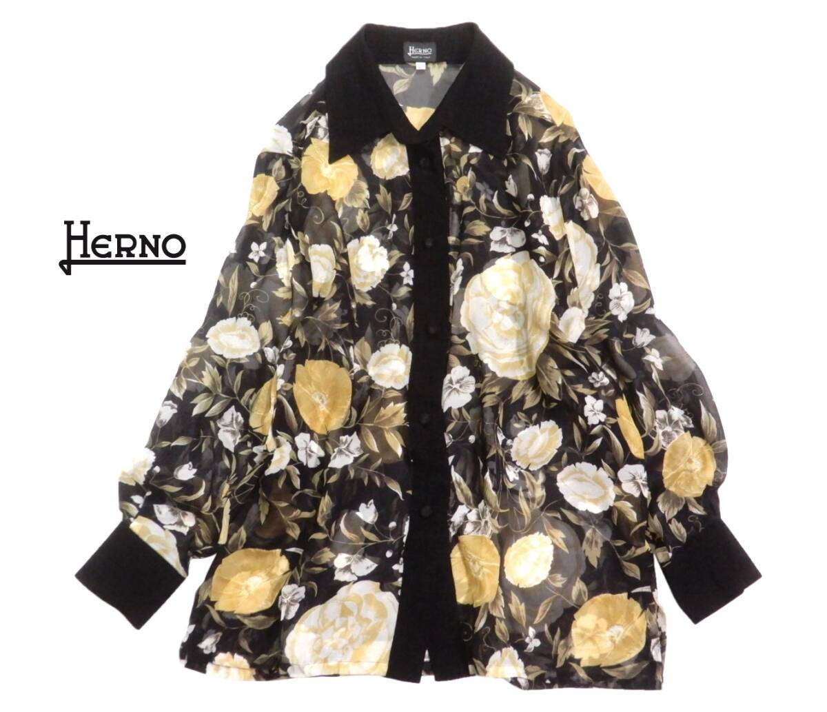 ヴィンテージ ヘルノ HERNO シルク100％ フラワープリント シアーシャツ 40
