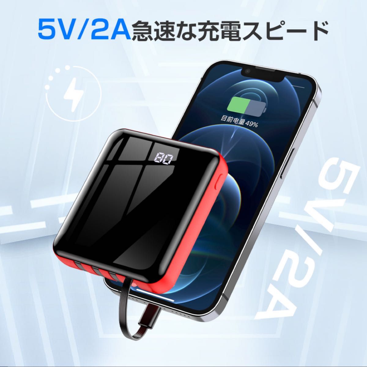 モバイルバッテリー 大容量 20000mAh 軽量 小型 残量表示 iphone Android 携帯充電 ケーブル内蔵 急速充電