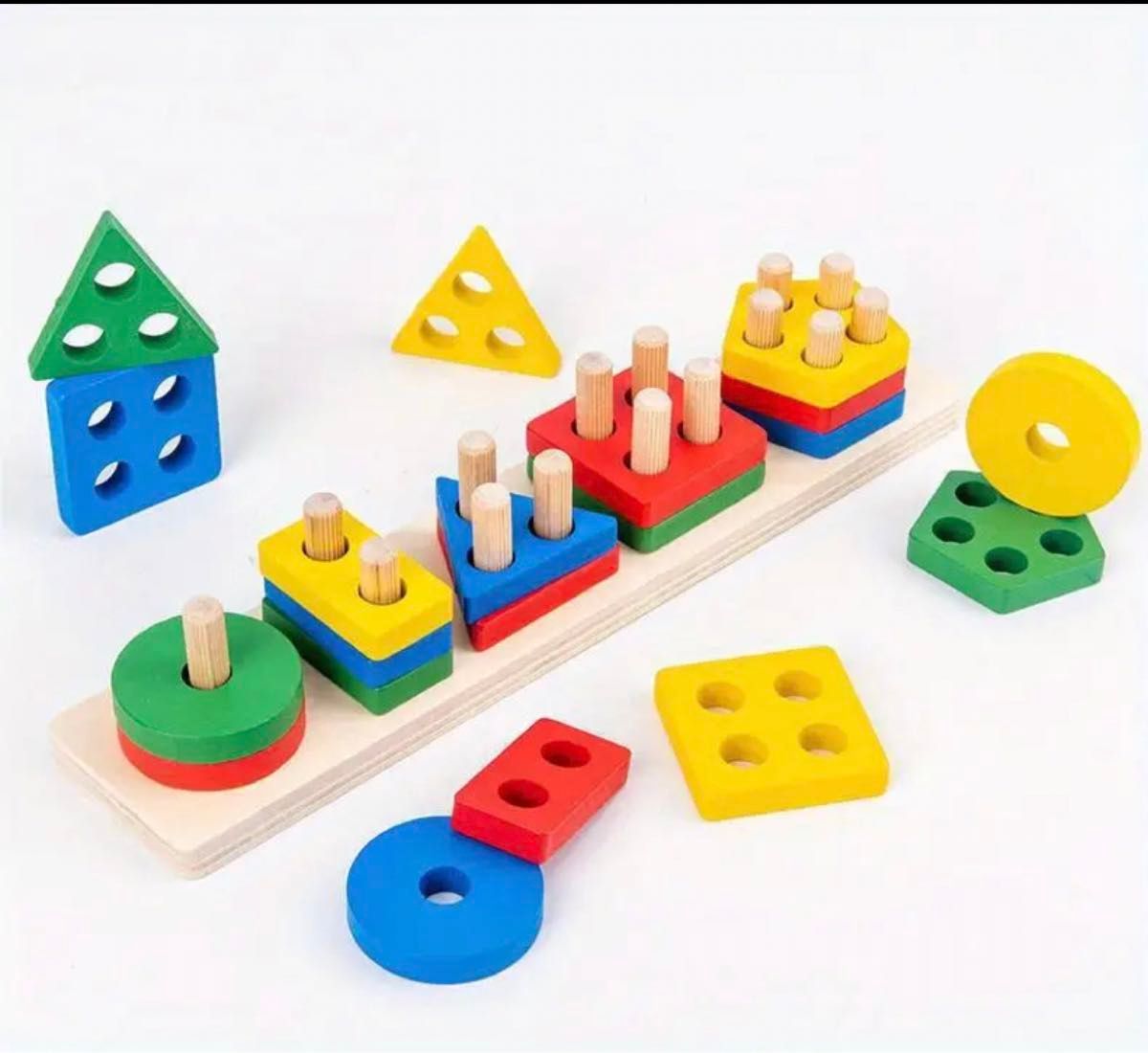 木製おもちゃ　棒通し　長方形　モンテッソーリ　知育玩具　カラフル　パズル　新品 ブロック 積み木　棒差し　木のおもちゃ