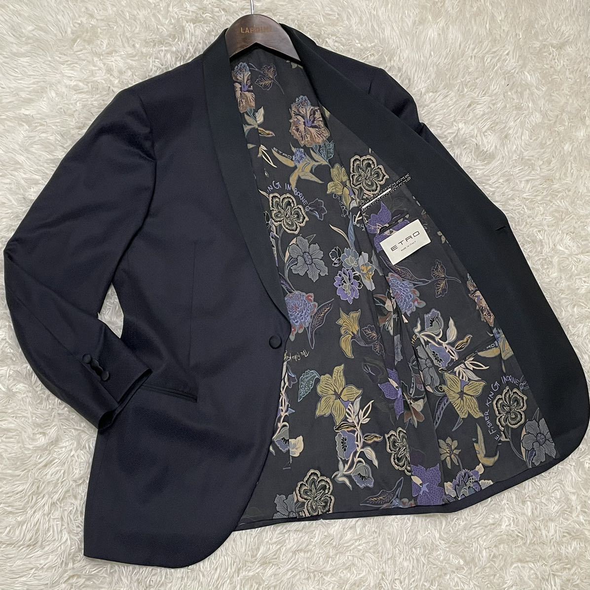 高級 ETRO エトロ テーラードジャケット teddyboy jacket テディーボーイジャケット ネイビー 紺 花柄 ラペル 黒 シルク ウール 52 XL