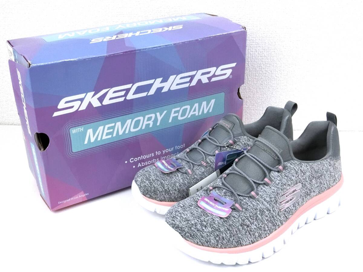 【訳あり未使用】SKECHERS GRACEFUL 2.0 履き心地◎ 超軽量 カジュアルスリッポンスニーカー 左24.5cm 右23cm グレー/ライトピンク【1233】の画像1