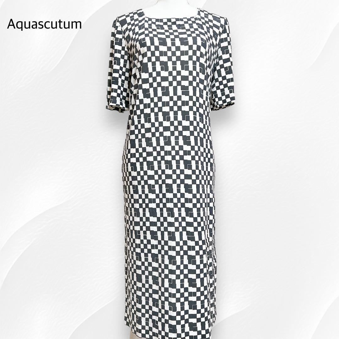 Aquascutum アクアスキュータム 総柄 ロングワンピース スクエアネック 白 グレー レディース 10_画像1