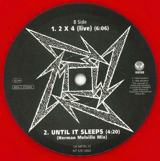 *10 -inch single [ Metallica METALLICA UNTIL IT SLEEPS 2 X 4]1996 year REDWAX limitation record 