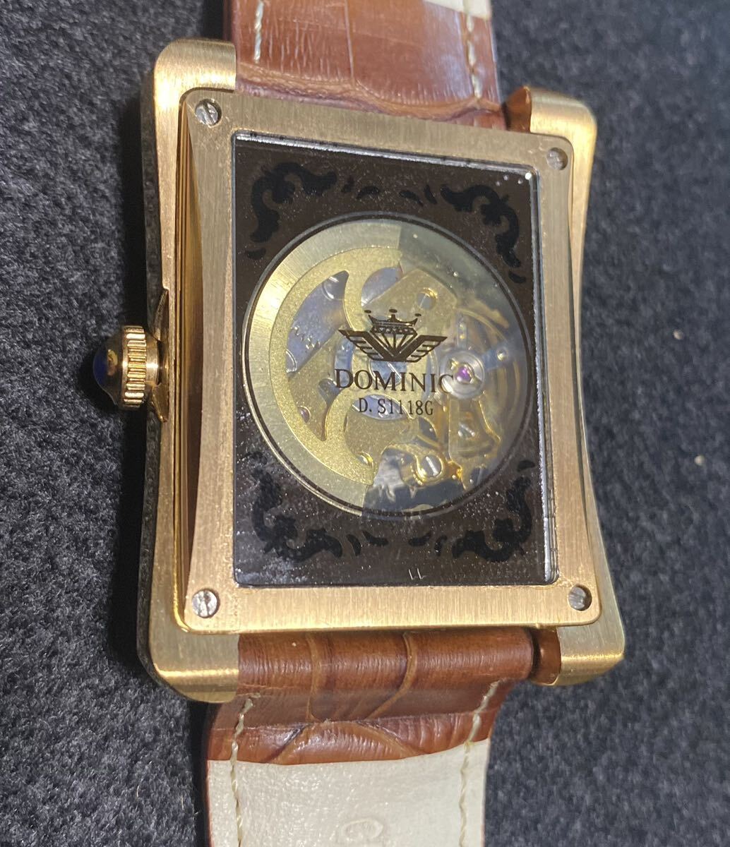 ドミニク DOMINIC 腕時計 裏スケルトン　スクエア レザーベルト キャメル ゴールド ドラゴン メンズ_画像8