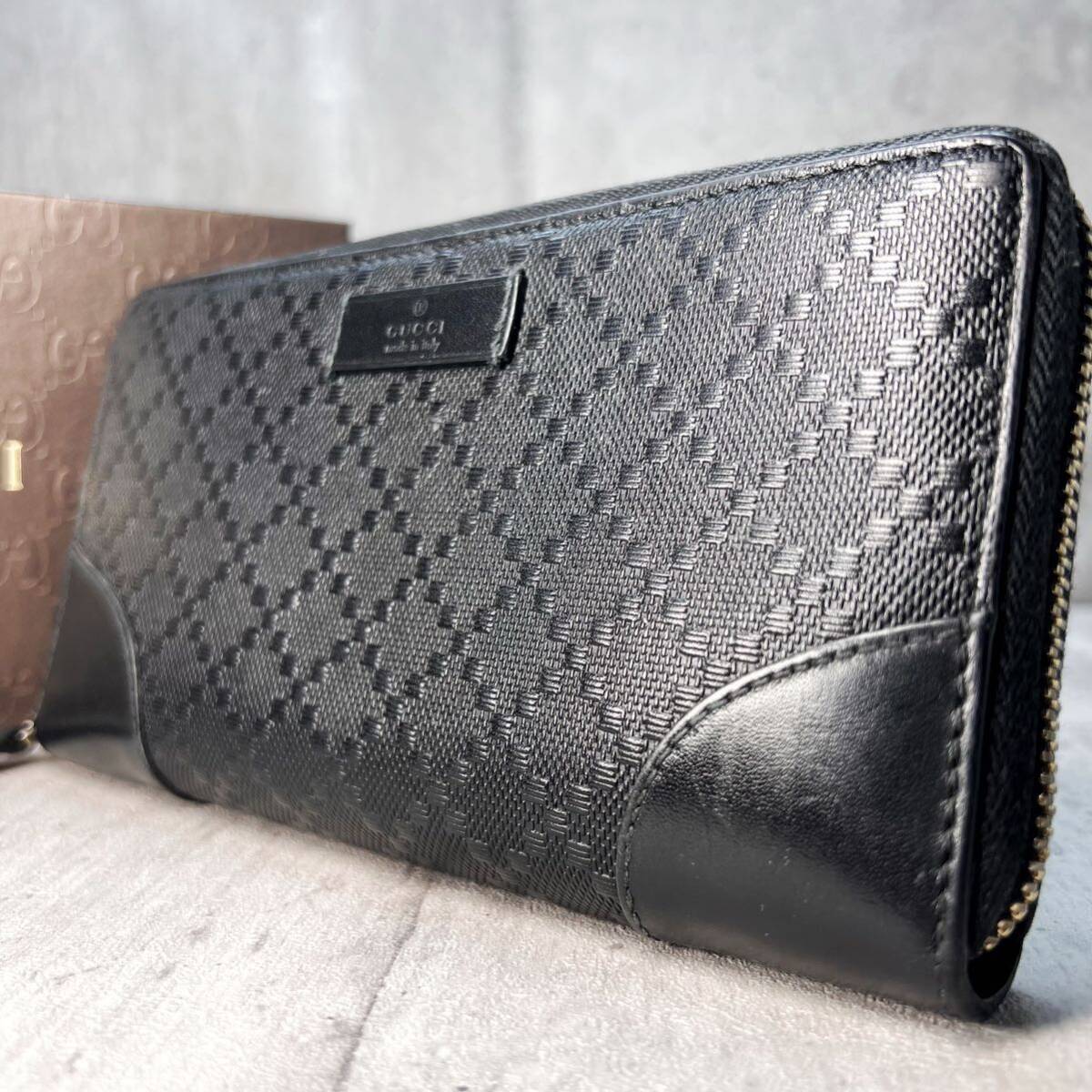 1円 極美品 希少 GUCCI グッチ ディアマンテ 長財布 ラウンドファスナー ジップ シマレザー GG ブラック 黒 メンズ レディース PVC 箱付きの画像1