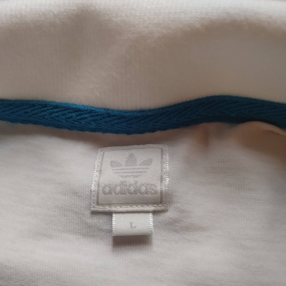 アディダス　adidas　半袖シャツ　サイズＬ　ホワイト/ブルー　綿100％　薄手ドライ生地