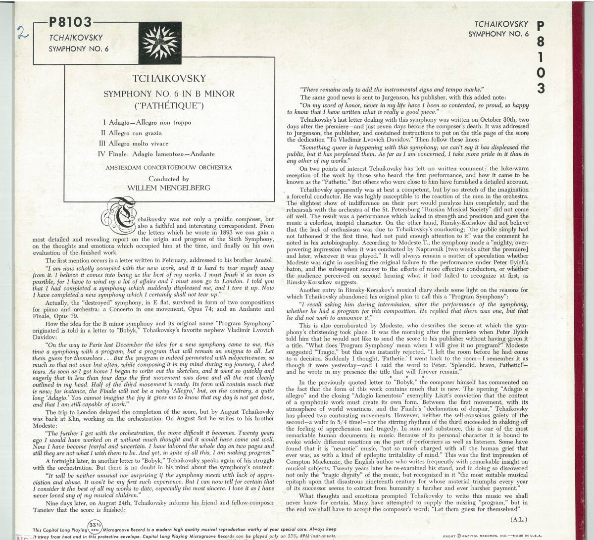 極希少 メンゲルベルク＆コンセルトヘボウ チャイコフスキー：交響曲第6番《悲愴》(1941年) 高音質！米Capitol/Telefunken盤の画像3