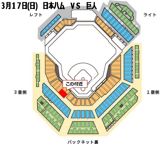 3/17(日) 日本ハムファイターズvs巨人読売ジャイアンツ Field Level 内野3塁側チケット 2枚ペア_画像1