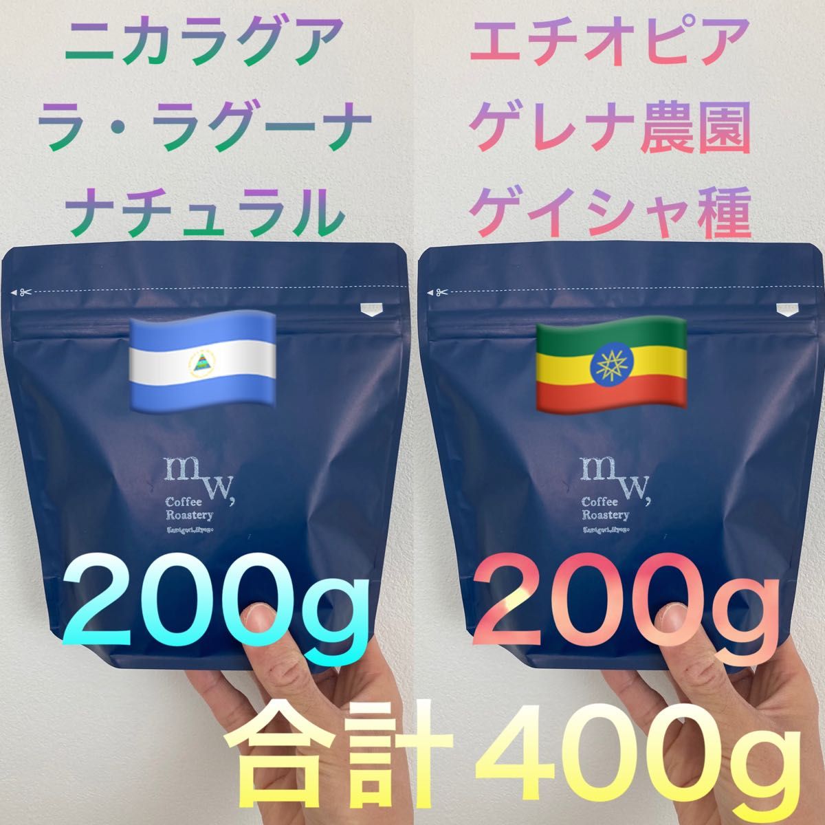 ニカラグアナチュラル&エチオピアゲイシャ各200g合計400g自家焙煎コーヒー豆