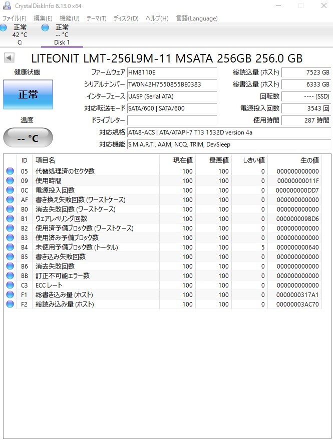 【使用時間・小】LITEON ライトン LMT-256L9M（mSATA接続 SSD 256GB）
